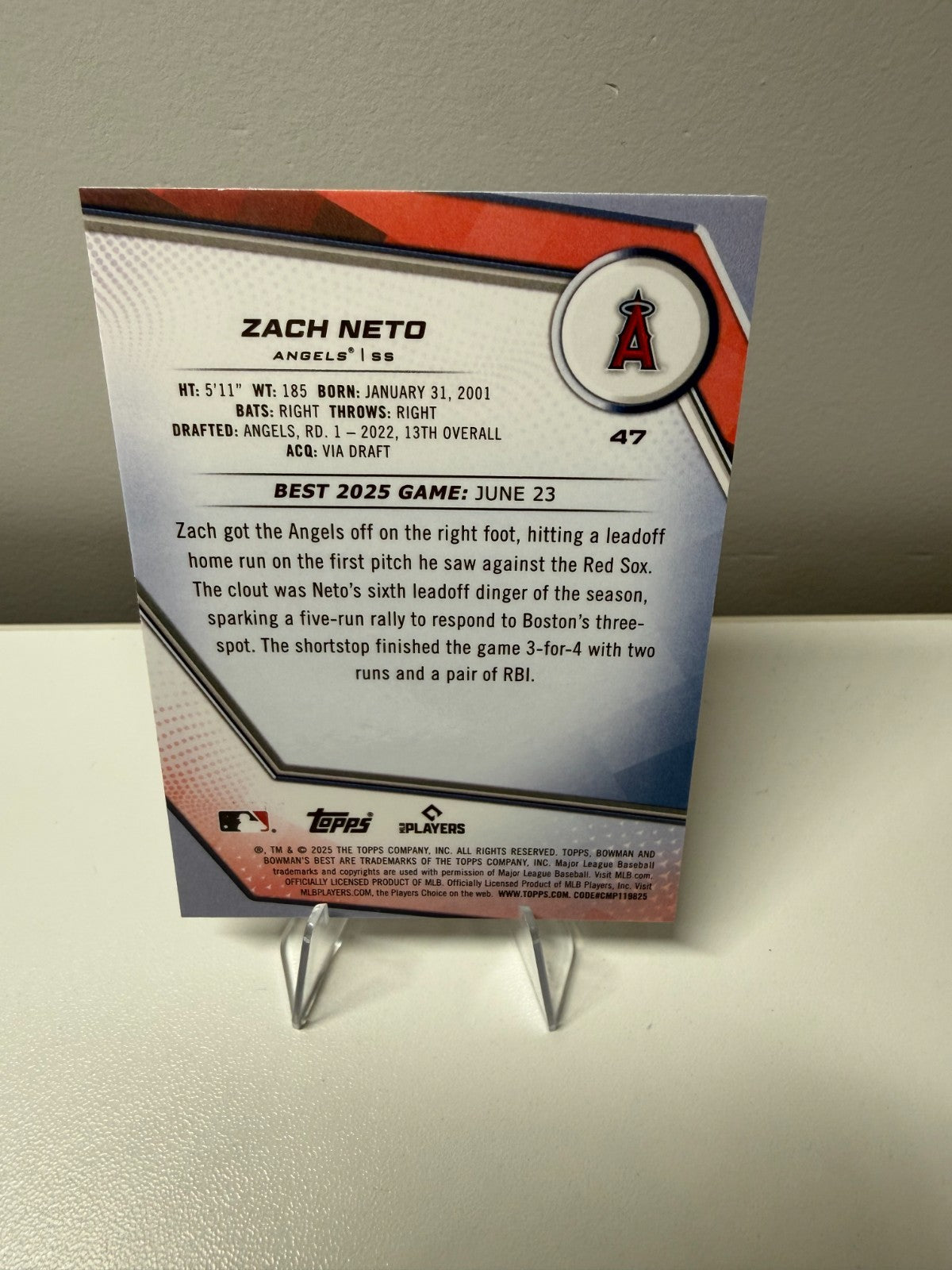 Zach Neto 2025 Bowman's Best Purple Lazer Refractor /250 #47 Angels