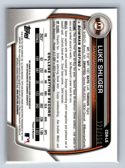 Luke Shliger 2023 Bowman Draft Chrome 1st Blue Refractor Auto /150 #CDA-LS