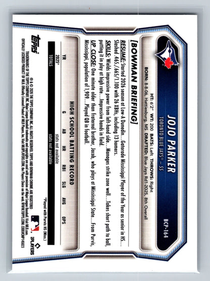 Jojo Parker 2026 Bowman Chrome Geometric Refractor /499 #BCP-164 Blue Jays