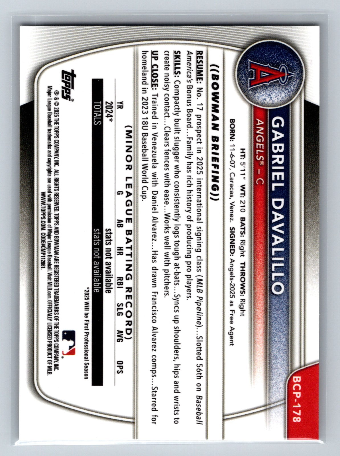 Gabriel Davalillo 2025 Bowman Chrome 1st Gold Refractor /50 #BCP-178 Angels