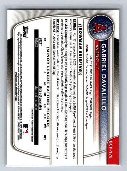 Gabriel Davalillo 2025 Bowman Chrome 1st Gold Refractor /50 #BCP-178 Angels