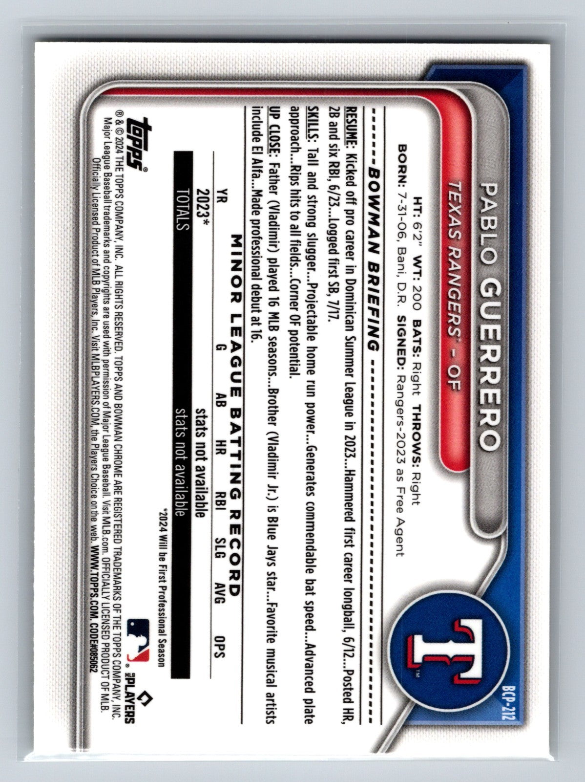 Pablo Guerrero 2024 Bowman Chrome 1st Yellow Refractor /75 #BCP-212 Rangers