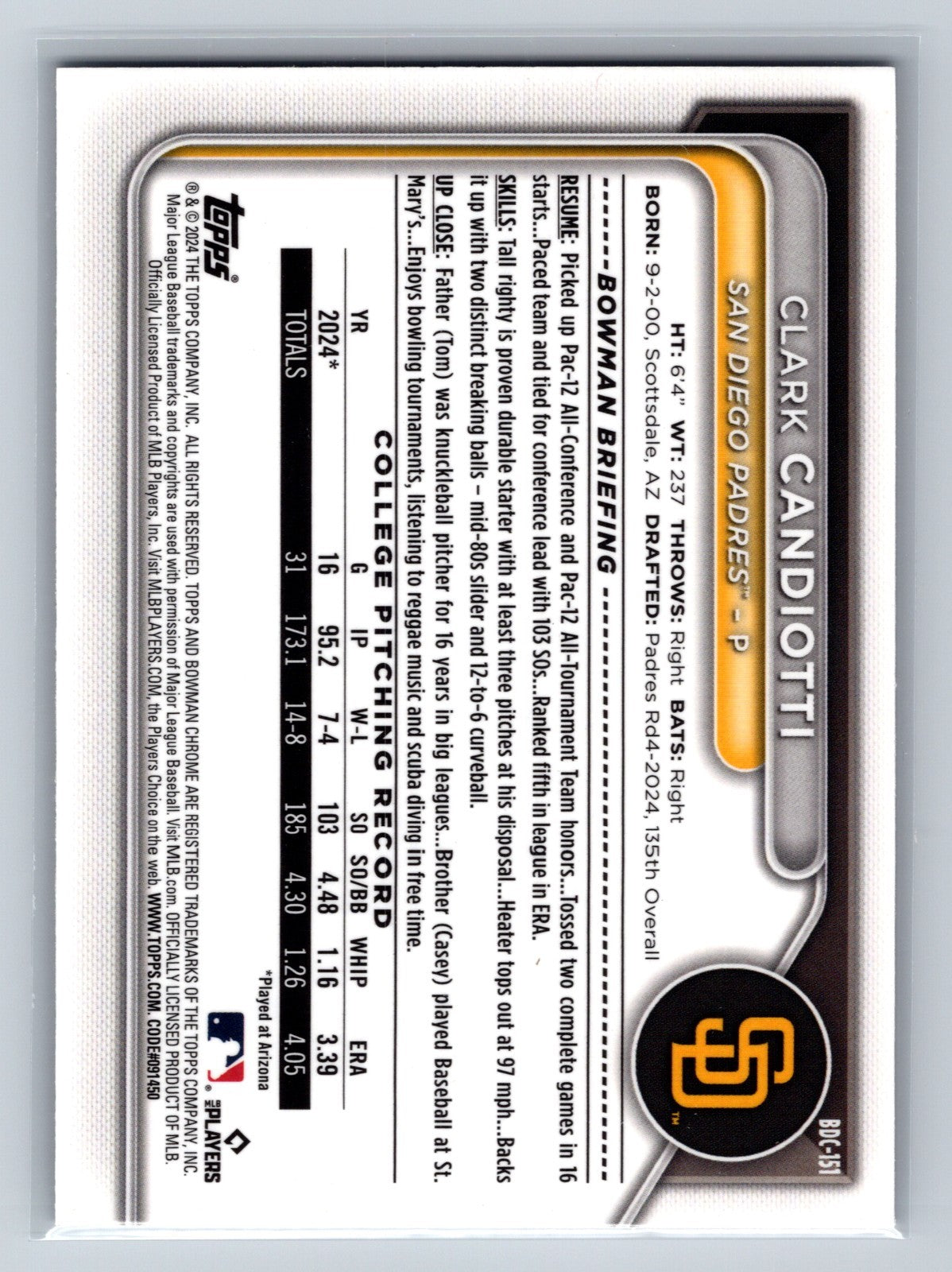 Clark Candiotti 2024 Bowman Draft Chrome 1st Purple Refractor /250 #BDC-151