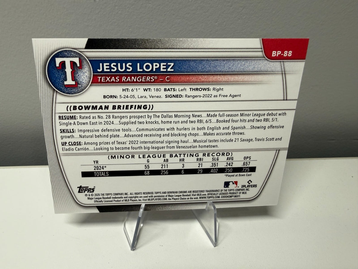 Jesus Lopez 2025 Bowman Prospects 1st Fuchsia /299 #BP-88 Rangers