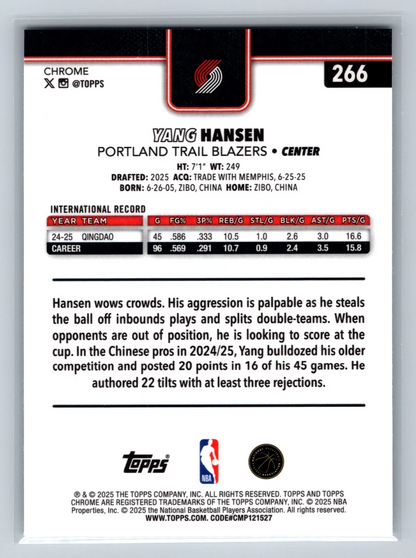 Yang Hansen 2025-26 Topps Chrome X-Fractor RC #266 Trailblazers