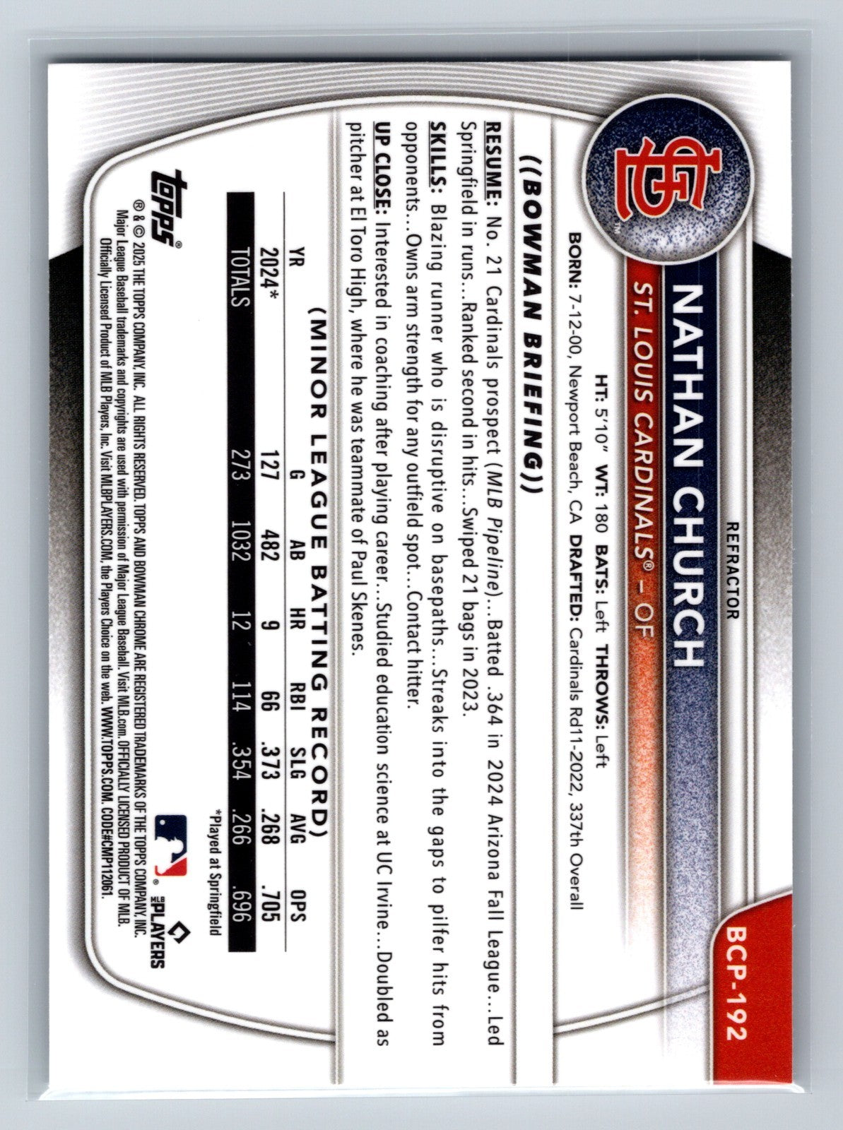 Nathan Church 2025 Bowman Chrome 1st Refractor /499 #BCP-192 Cardinals