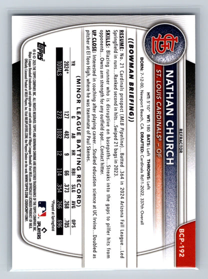 Nathan Church 2025 Bowman Chrome 1st Refractor /499 #BCP-192 Cardinals