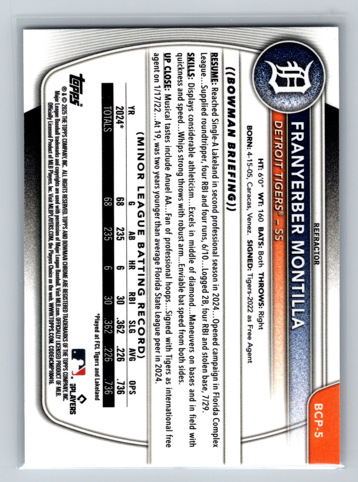 Franyerber Montilla 2025 Bowman Chrome 1st Refractor /499 #BCP-5 Tigers