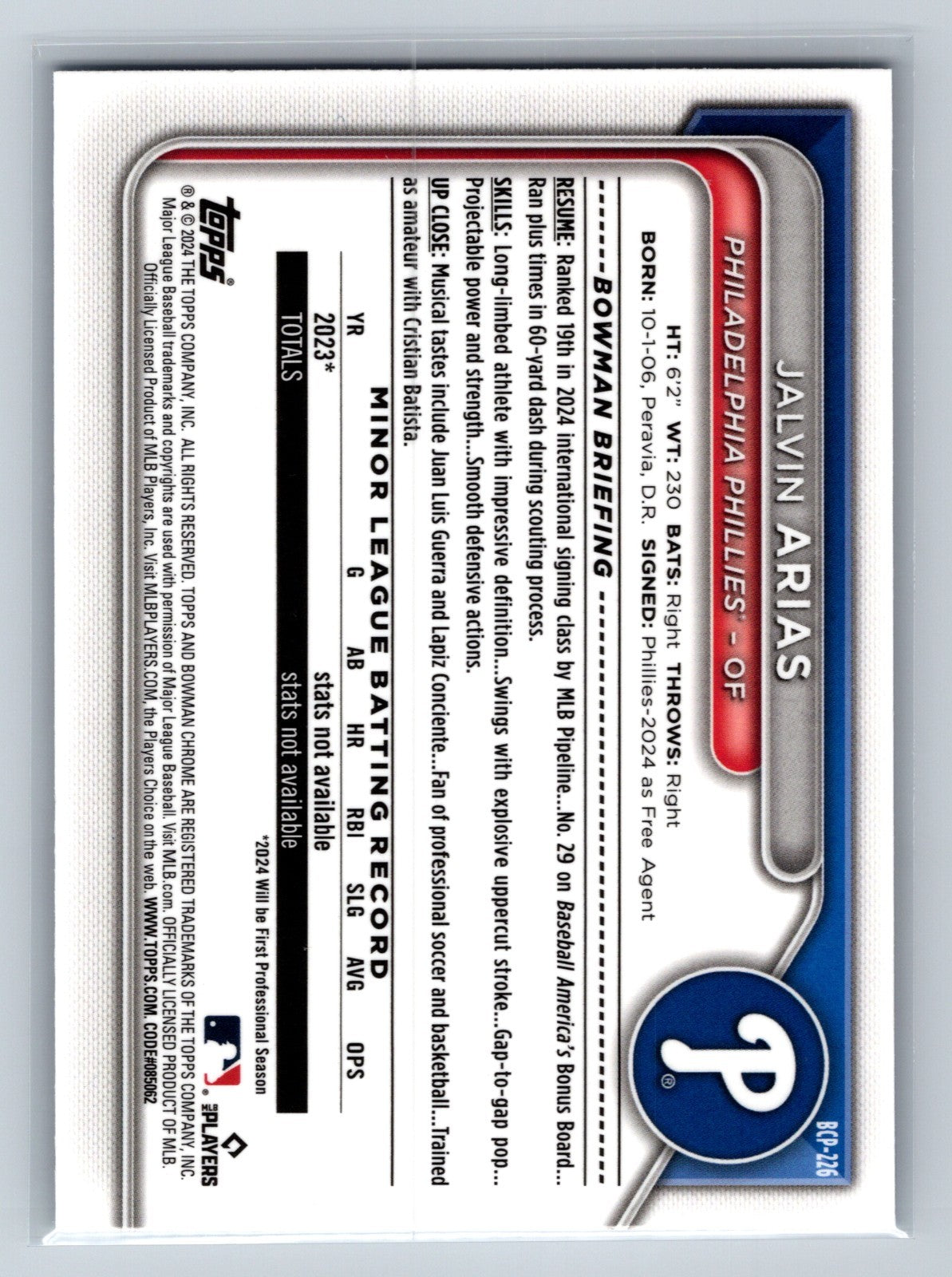 Jalvin Arias 2024 Bowman Chrome 1st Blue Refractor /150 #BCP-226 Phillies