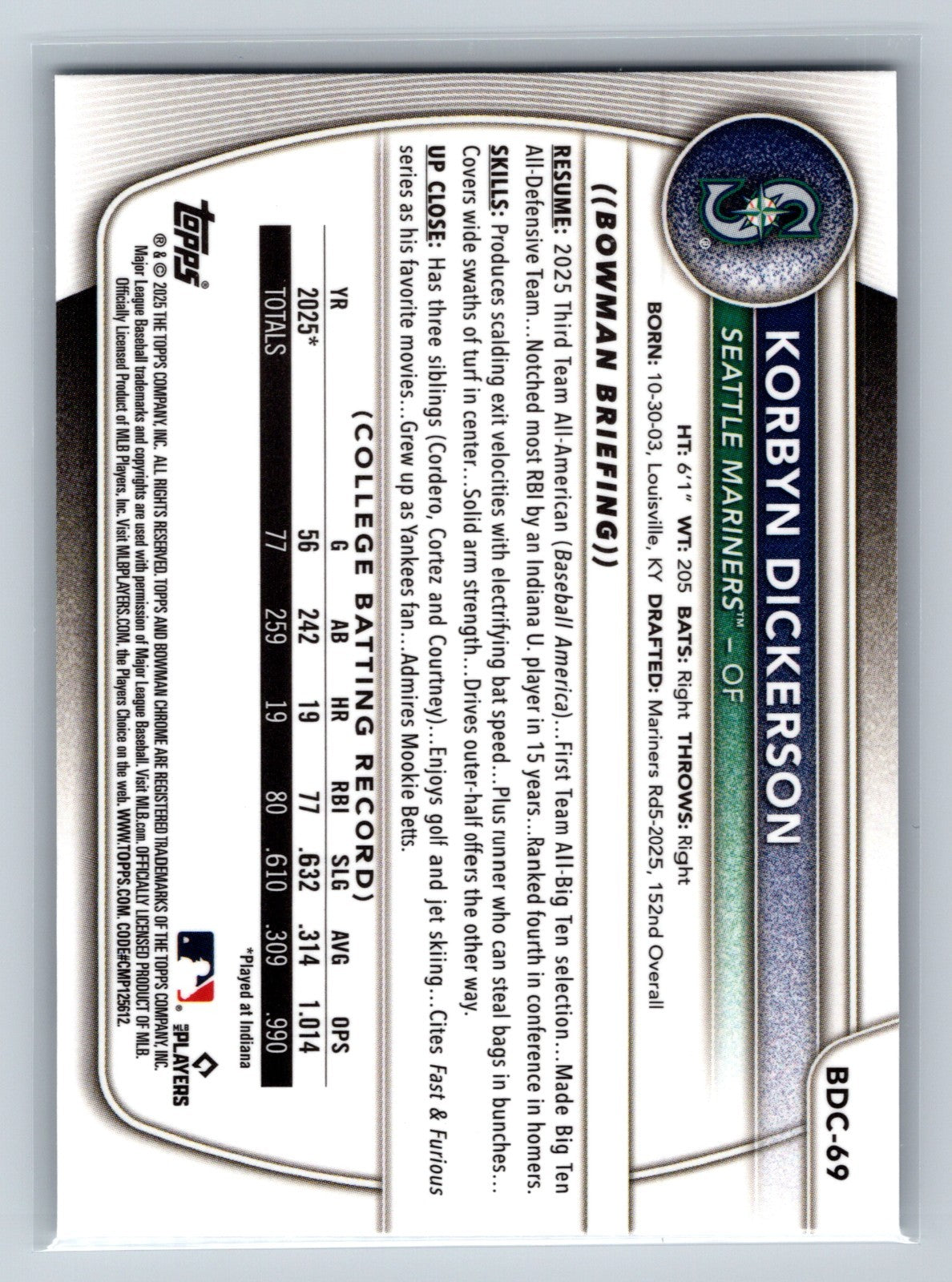 Korbyn Dickerson 2025 Bowman Draft Chrome 1st X-Fractor #BDC-69 Mariners