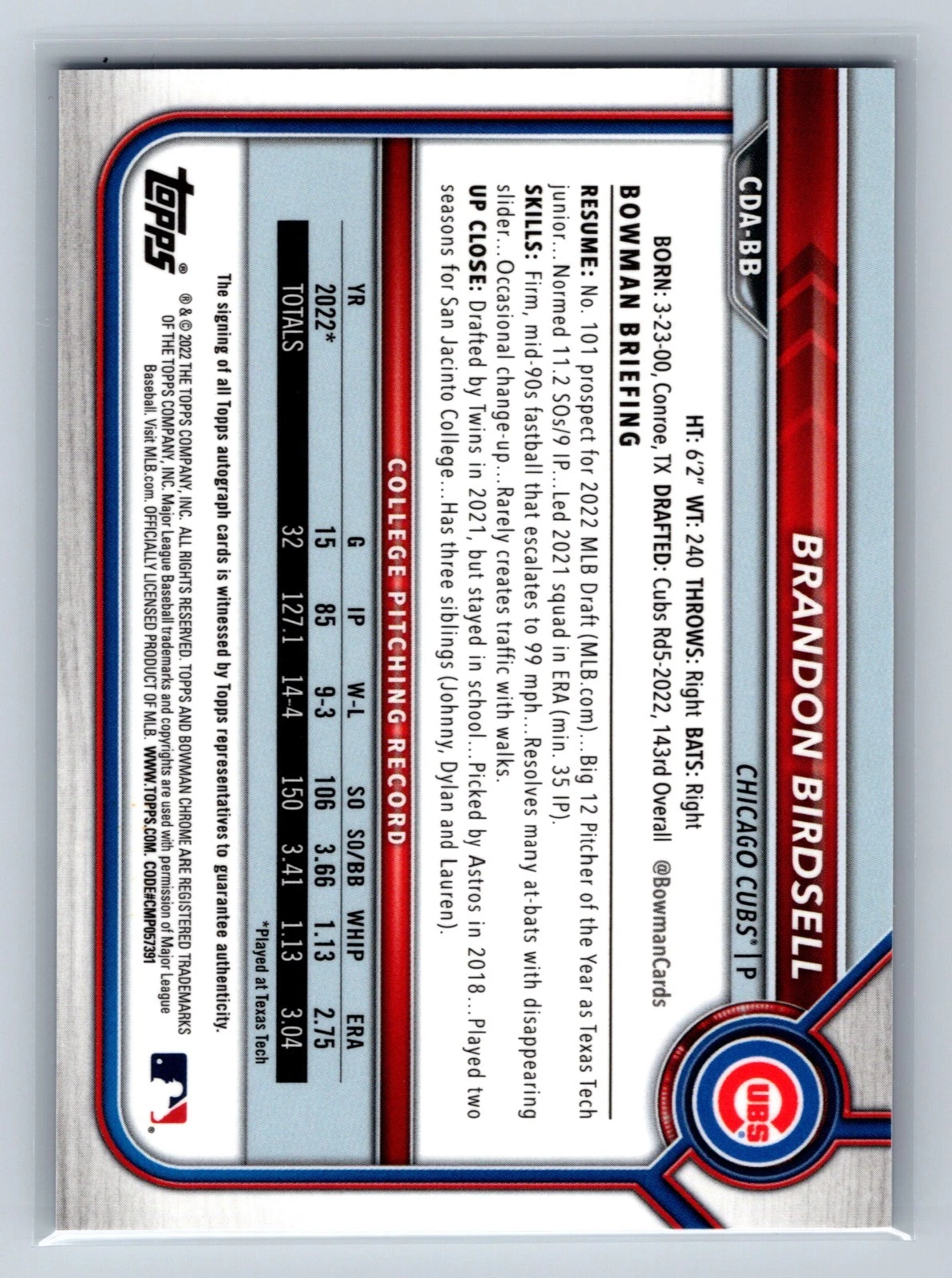 Brandon Birdsell 2022 Bowman Draft Chrome 1st Blue Refractor Auto /150 #CDA-BB