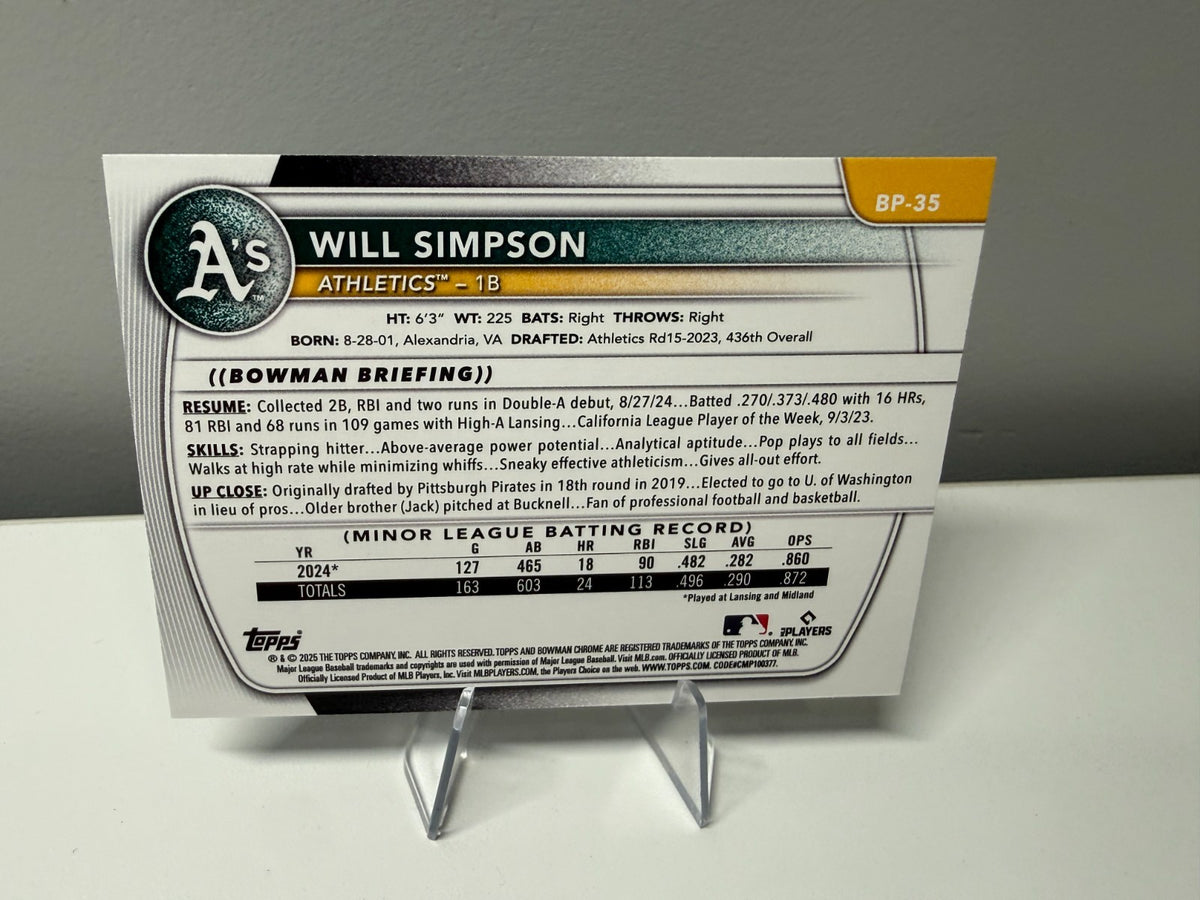Will Simpson 2025 Bowman 1st Sky Blue Border /499 #BP-35 Athletics