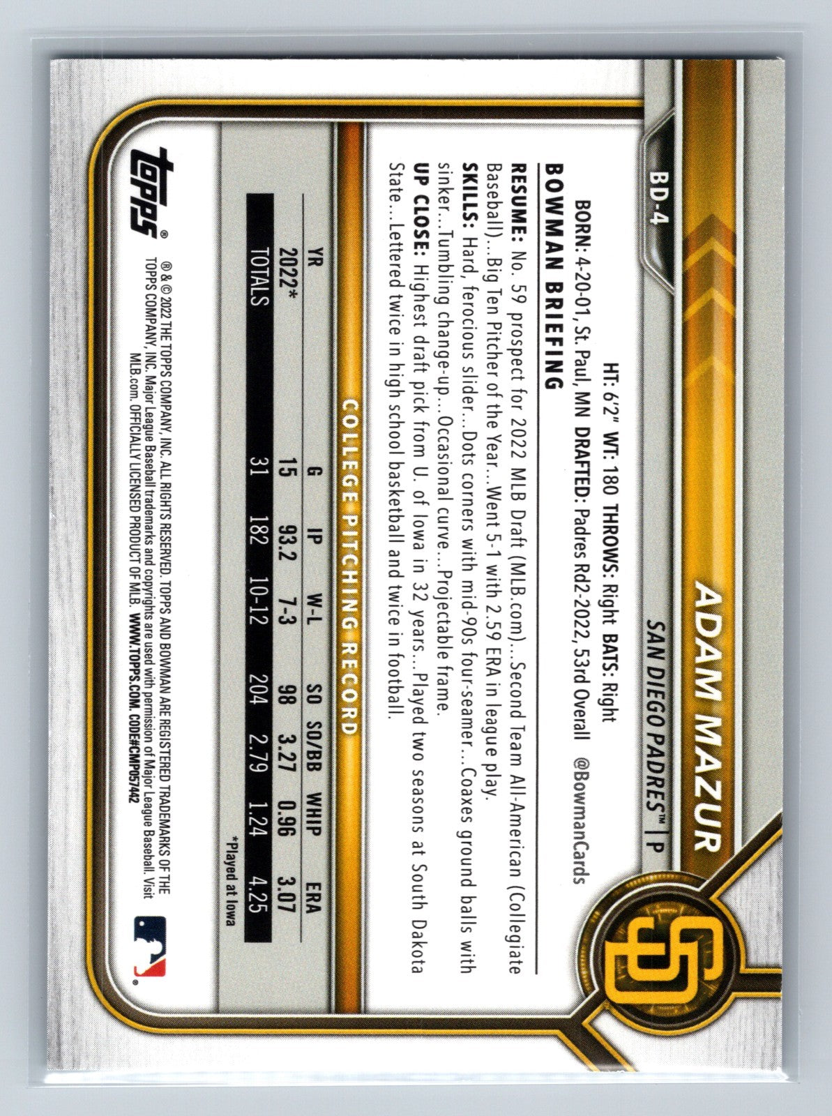Adam Mazur 2022 Bowman Draft 1st Edition Paper Sky Blue Foil #BD-4 Padres
