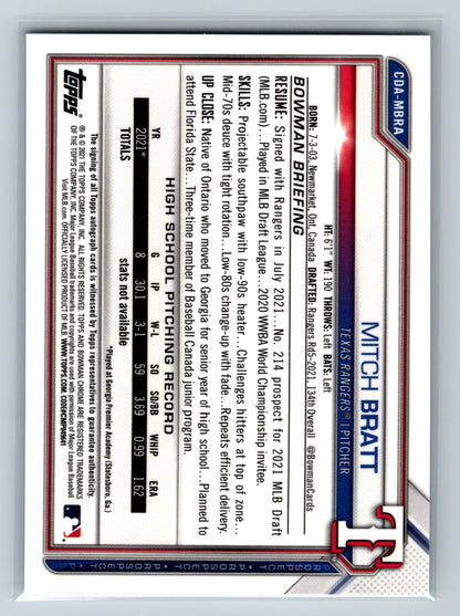 Mitch Bratt 2021 Bowman Draft Chrome 1st Green Refractor /99 #CDA-MBRA Rangers