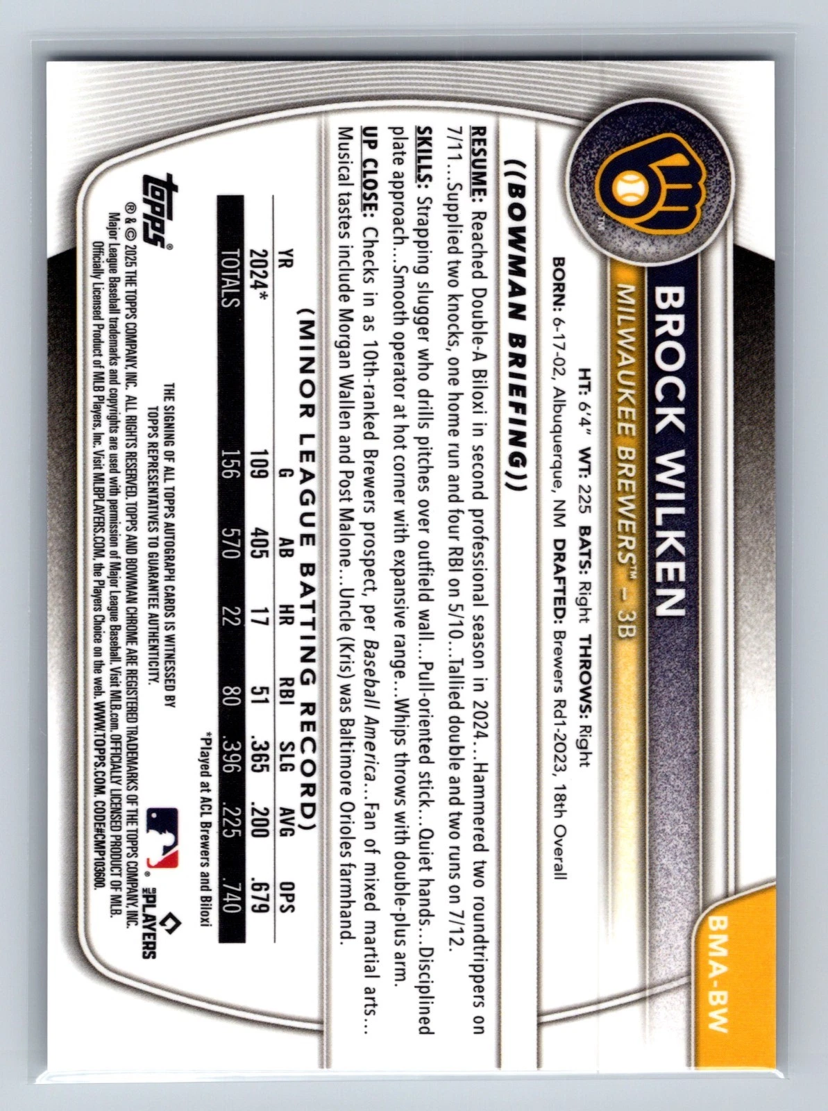 Brock Wilken 2025 Bowman Chrome Purple Mojo Refractor Auto /199 #BMA-BW Brewers