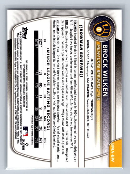 Brock Wilken 2025 Bowman Chrome Purple Mojo Refractor Auto /199 #BMA-BW Brewers