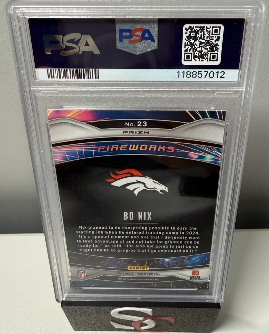 Bo Nix 2024 Panini Prizm Fireworks Green Wave RC #23 Broncos PSA 8