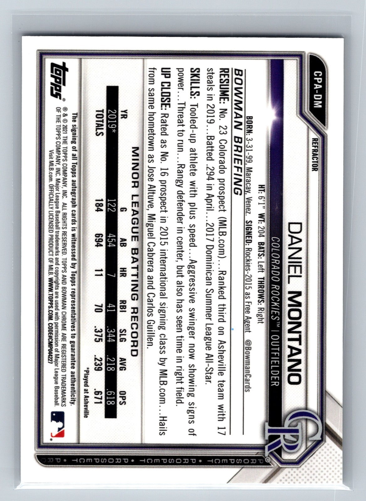 Daniel Montano 2021 Bowman Chrome 1st Refractor Auto /499 #CPA-DM Rockies