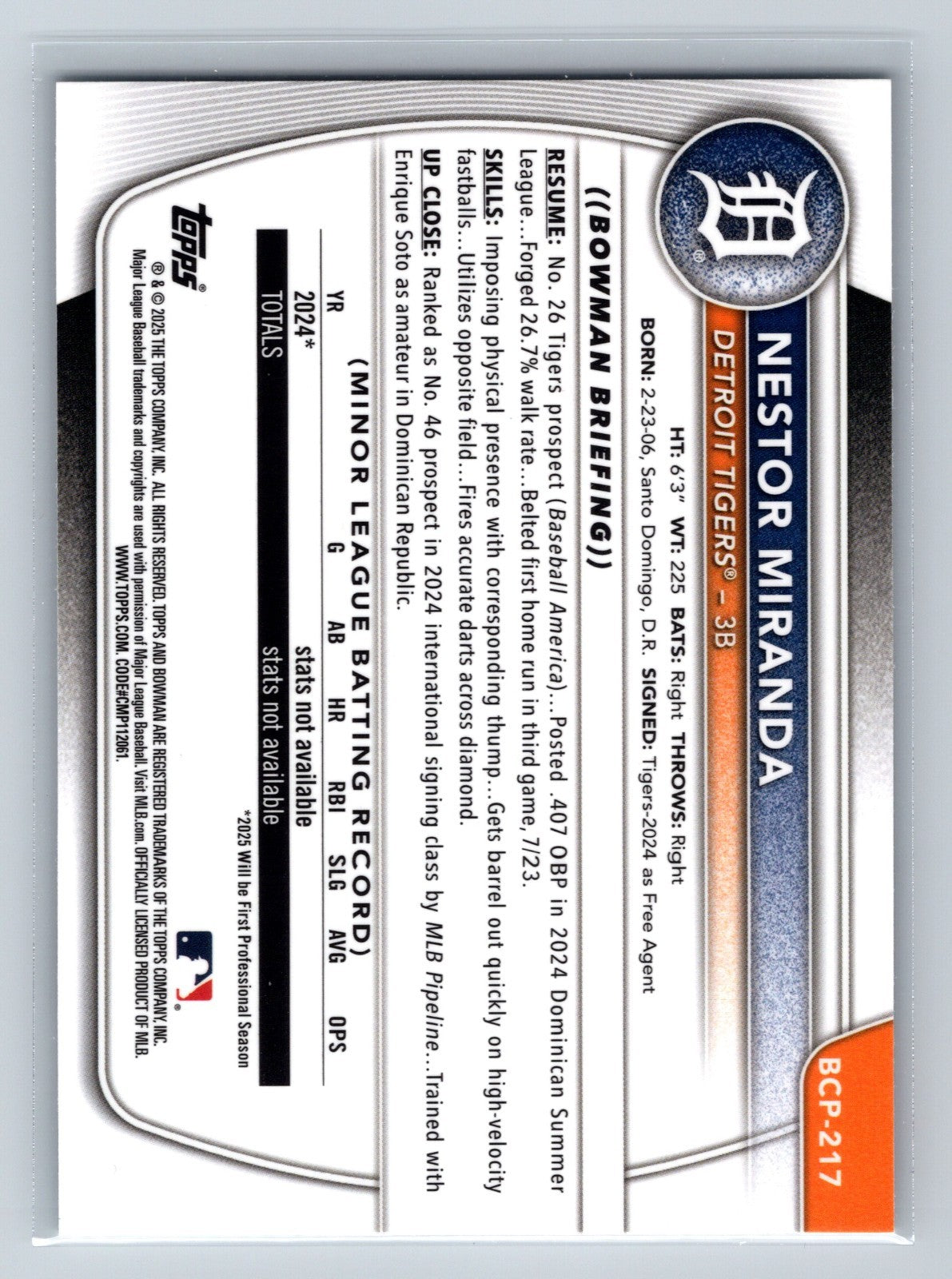 Nestor Miranda 2025 Bowman Chrome 1st Pulsar Refractor /399 #BCP-217 Tigers