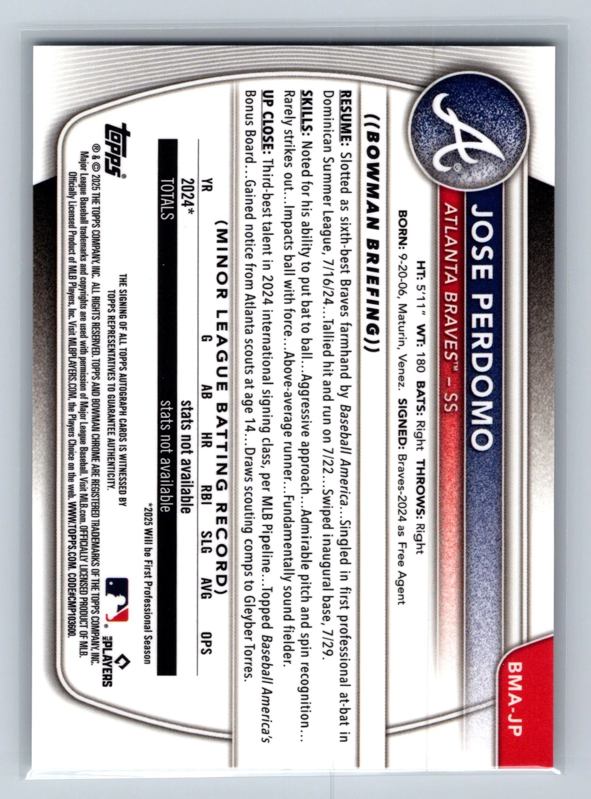 Jose Perdomo 2025 Bowman Chrome Prospect Mega Box Mojo Refractor Auto #BMA-JP
