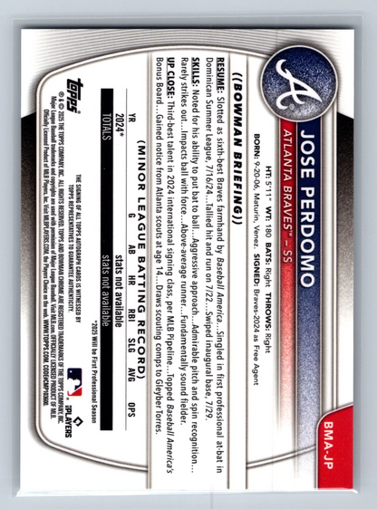 Jose Perdomo 2025 Bowman Chrome Prospect Mega Box Mojo Refractor Auto #BMA-JP