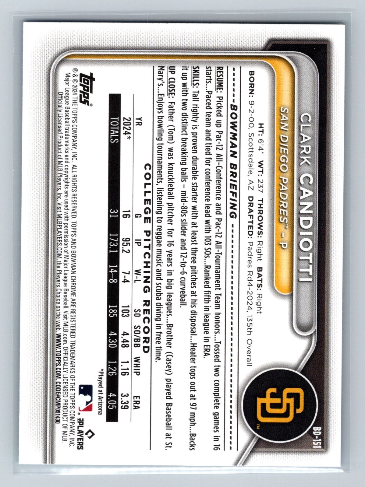 Clark Candiotti 2024 Bowman Draft 1st Paper Sky Blue /499 #BD-151 Padres