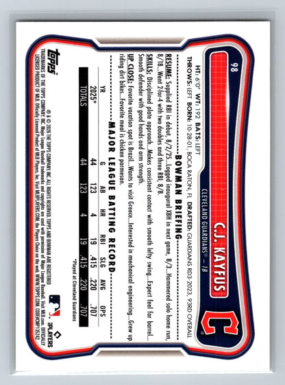 C.J. Kayfus 2026 Bowman Yellow Scorecard RC /75 #98 Guardians