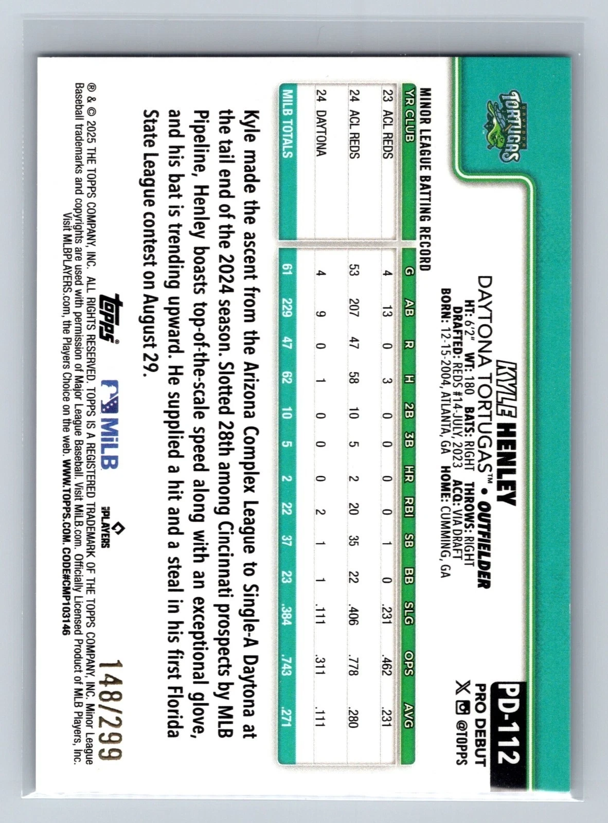 Kyle Henley 2025 Topps Pro Debut Purple Foil Auto /299 #PD-112 Tortugas