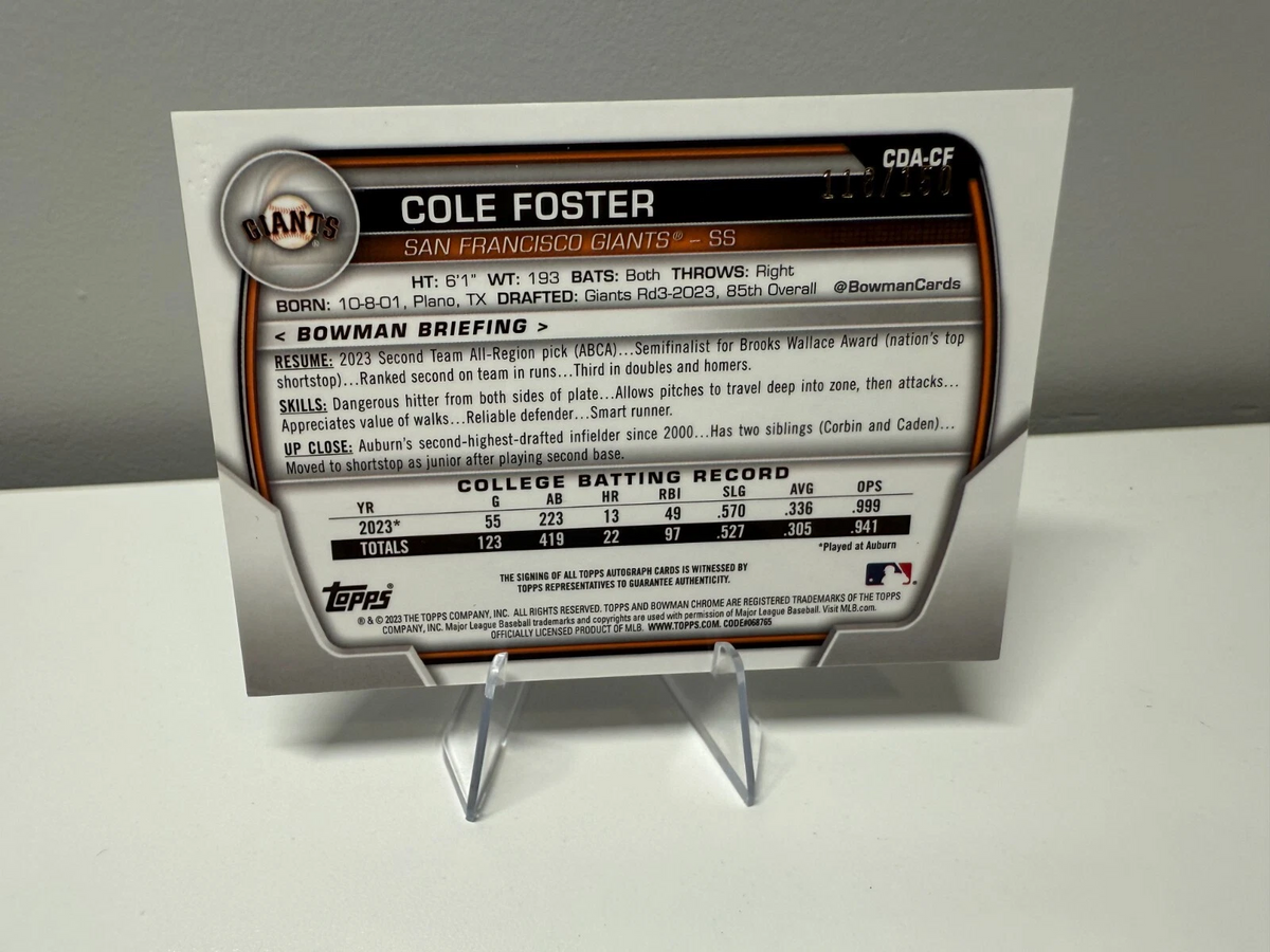 Cole Foster 2023 Bowman Draft Chrome 1st Blue Wave Refractor Auto /150 #CDA-CF