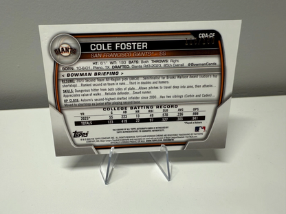 Cole Foster 2023 Bowman Draft Chrome 1st Blue Wave Refractor Auto /150 #CDA-CF
