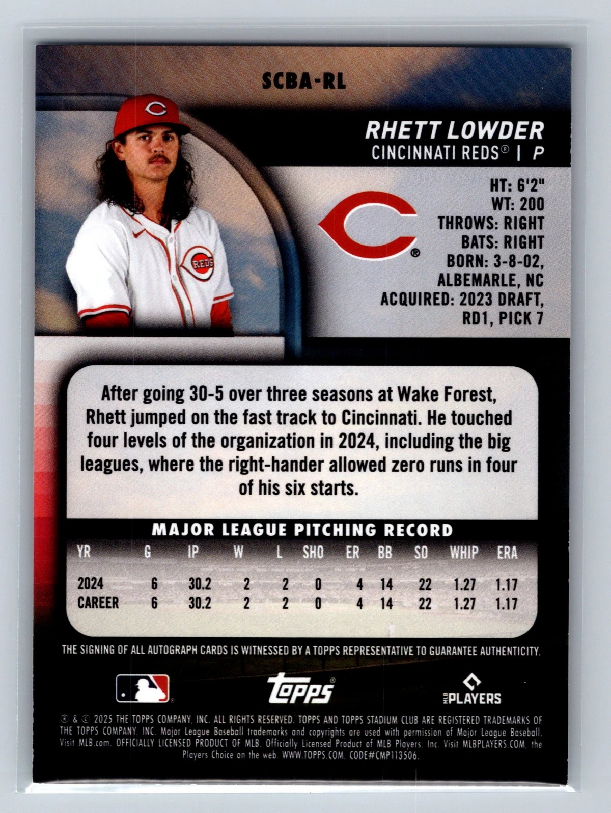 Rhett Lowder 2025 Topps Stadium Club Auto RC #SCBA-RL Reds