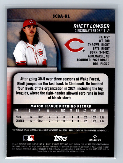 Rhett Lowder 2025 Topps Stadium Club Auto RC #SCBA-RL Reds