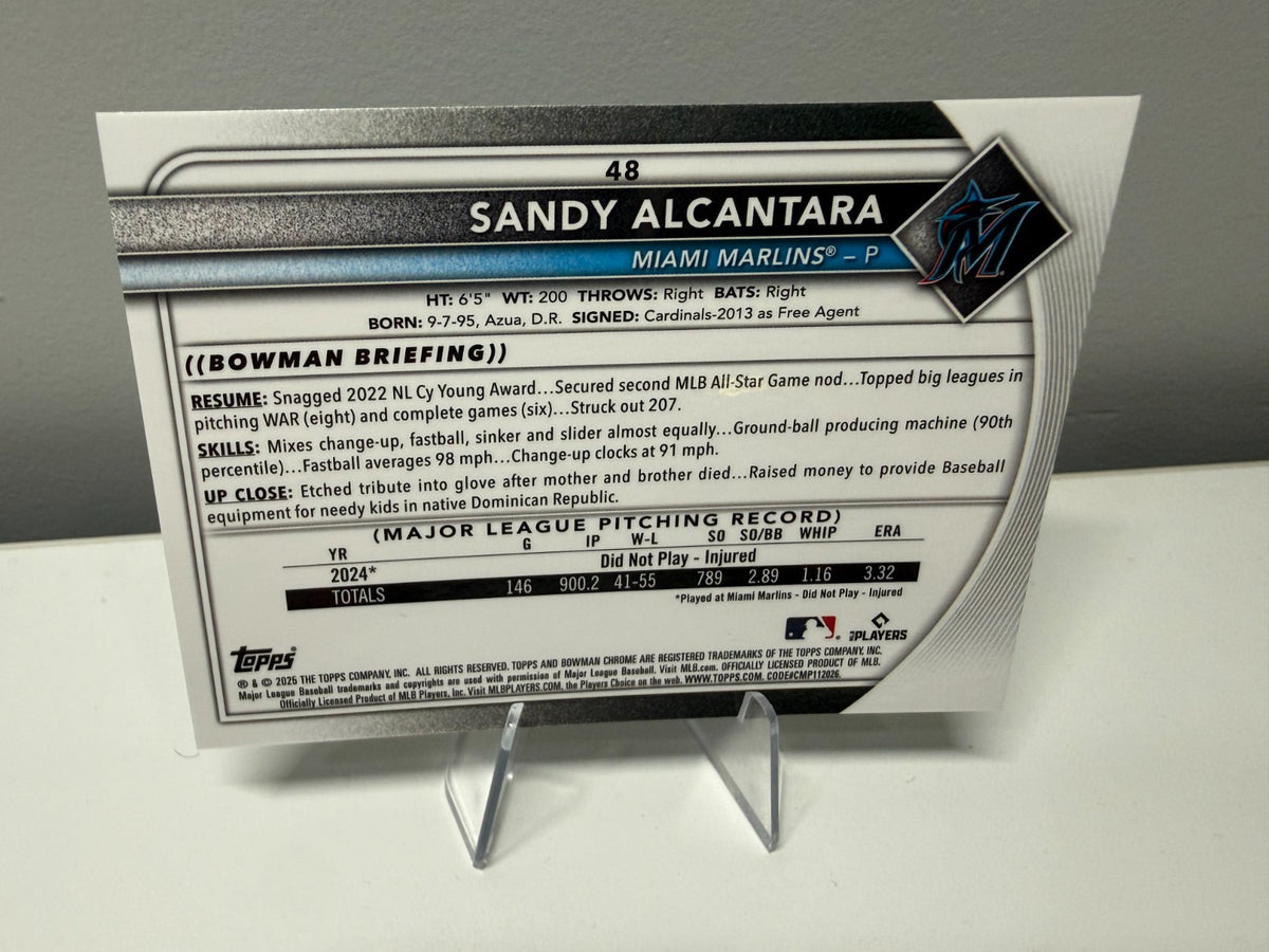 Sandy Alcantara 2025 Bowman Chrome Green Wave Refractor /99 #48 Marlins