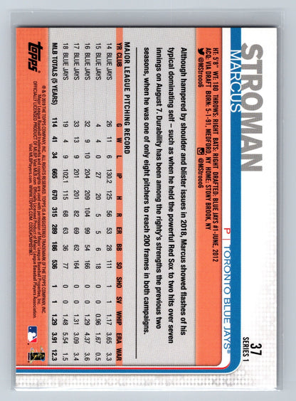 Marcus Stroman 2019 Topps Series 1 SP Photo Variation #37 Blue Jays