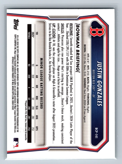 Justin Gonzales 2026 Bowman Chrome 1st Aqua X-Fractor /125 #BCP-141 Red Sox