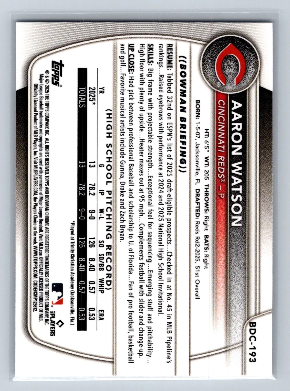 Aaron Watson 2025 Bowman Draft Chrome 1st Speckle Refractor #BDC-193 Reds