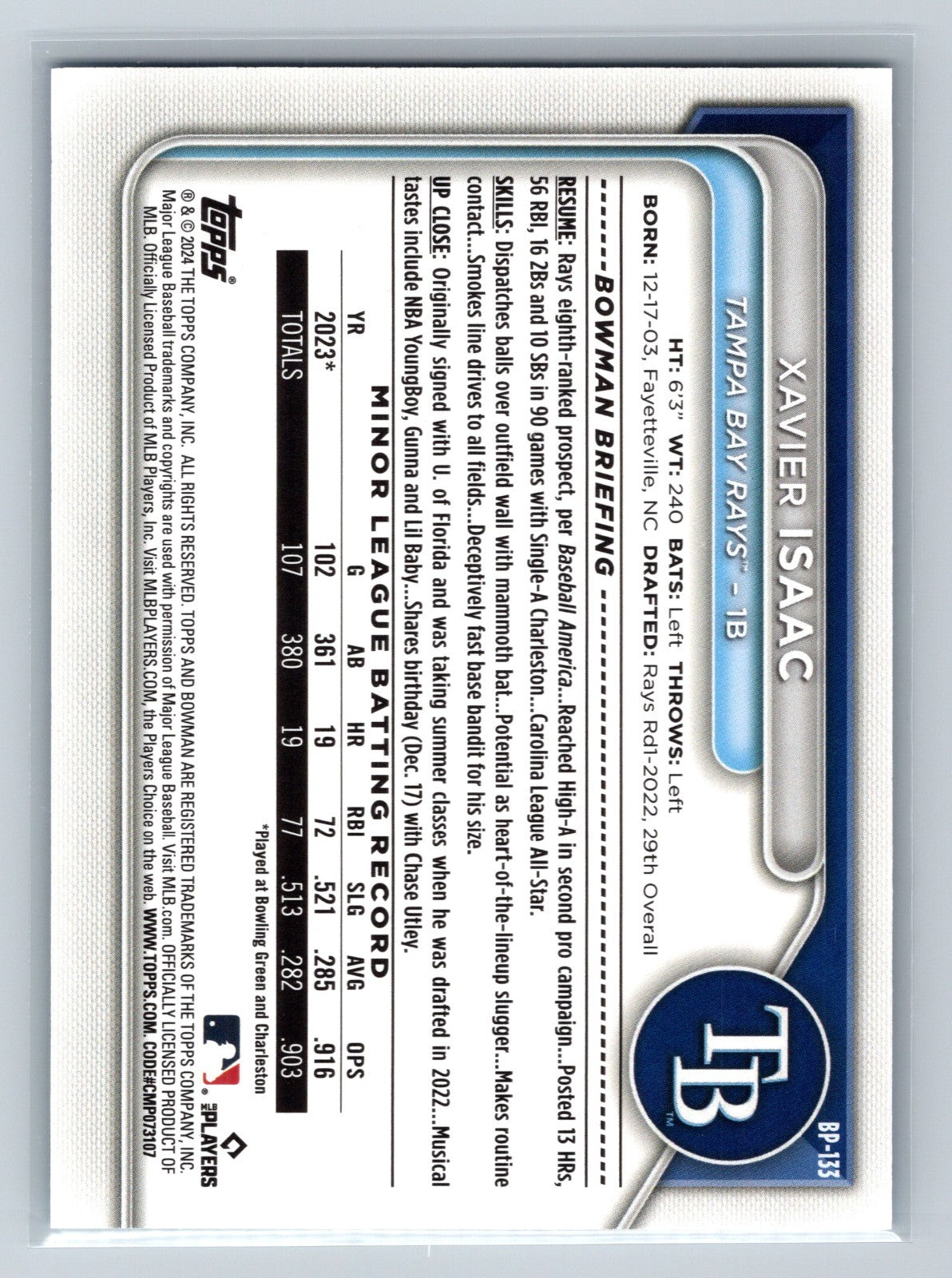 Xavier Isaac 2024 Bowman Paper Sky Blue /499 #BP-133 Rays