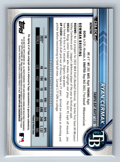 Ryan Cermak 2022 Bowman Draft Chrome 1st Refractor Auto /499 #CDA-RCK Rays