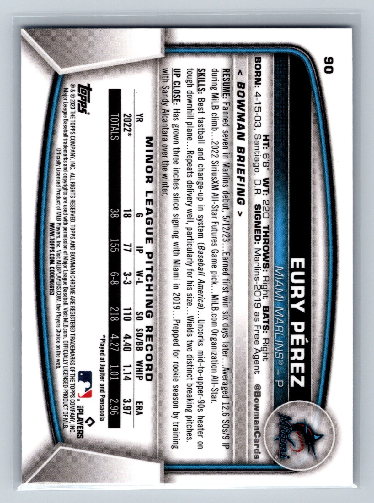 Eury Perez 2023 Bowman Chrome Sapphire RC #90 Marlins