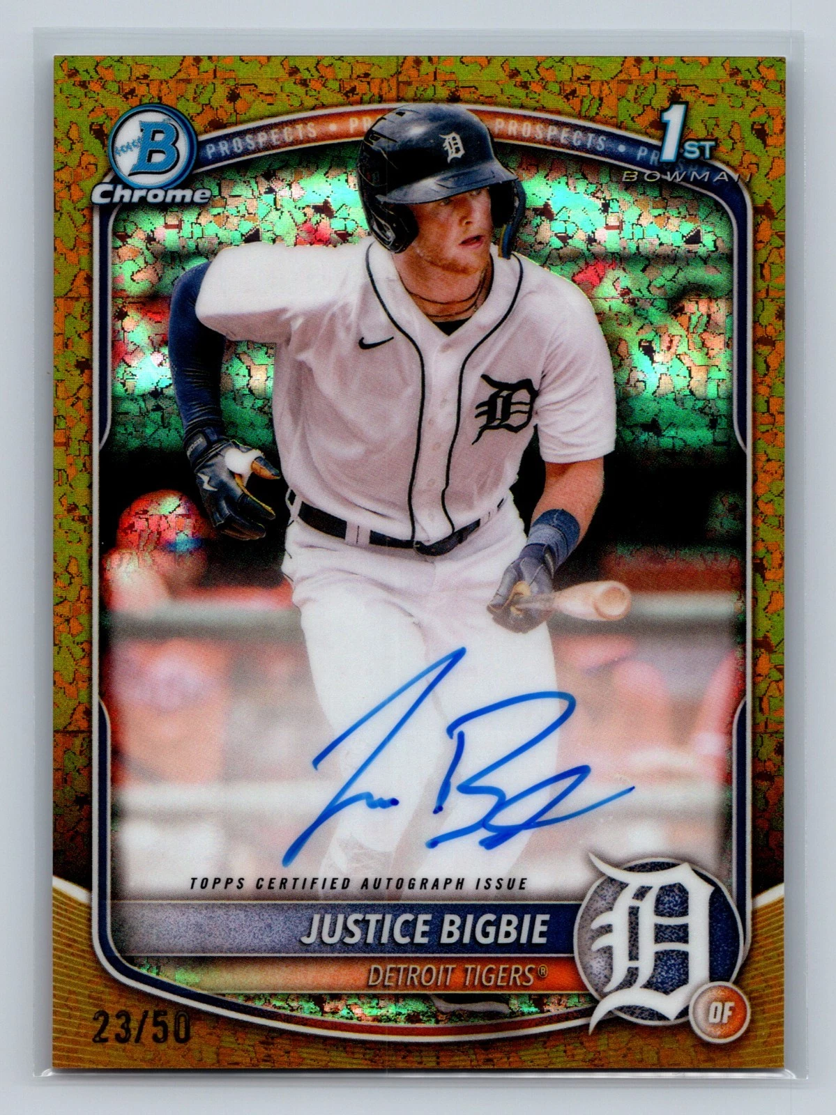 Justice Bigbie 2025 Bowman Chrome 1st Gold Mini Diamond Refractor Auto /50