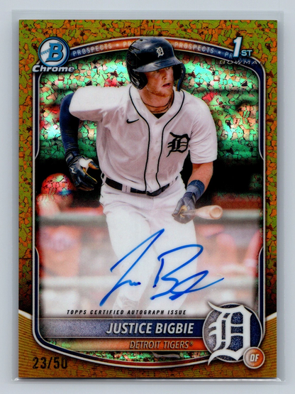 Justice Bigbie 2025 Bowman Chrome 1st Gold Mini Diamond Refractor Auto /50