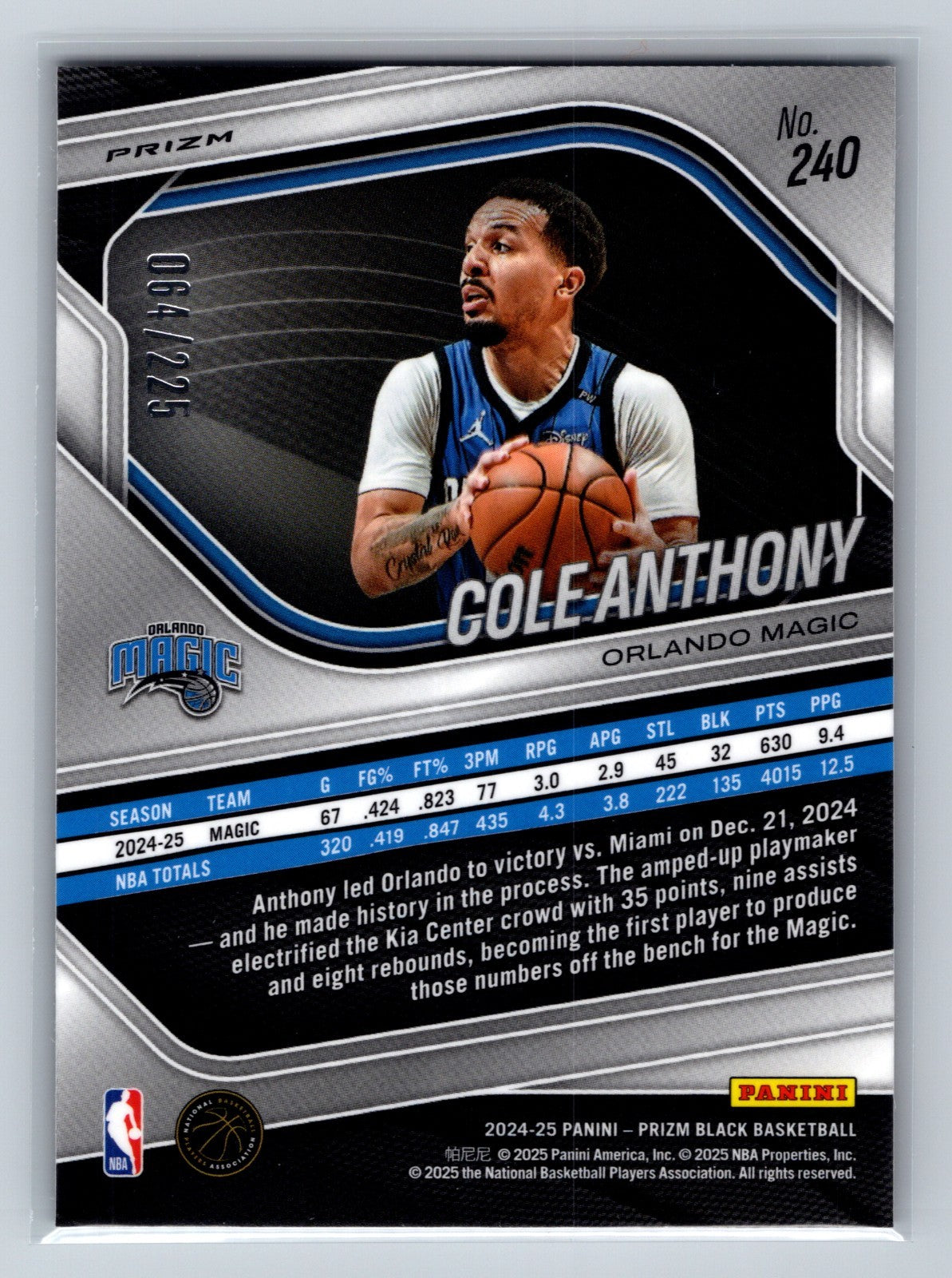 Cole Anthony 2024-25 Panini Prizm Black Basketball Prizm /225 #240 Magic