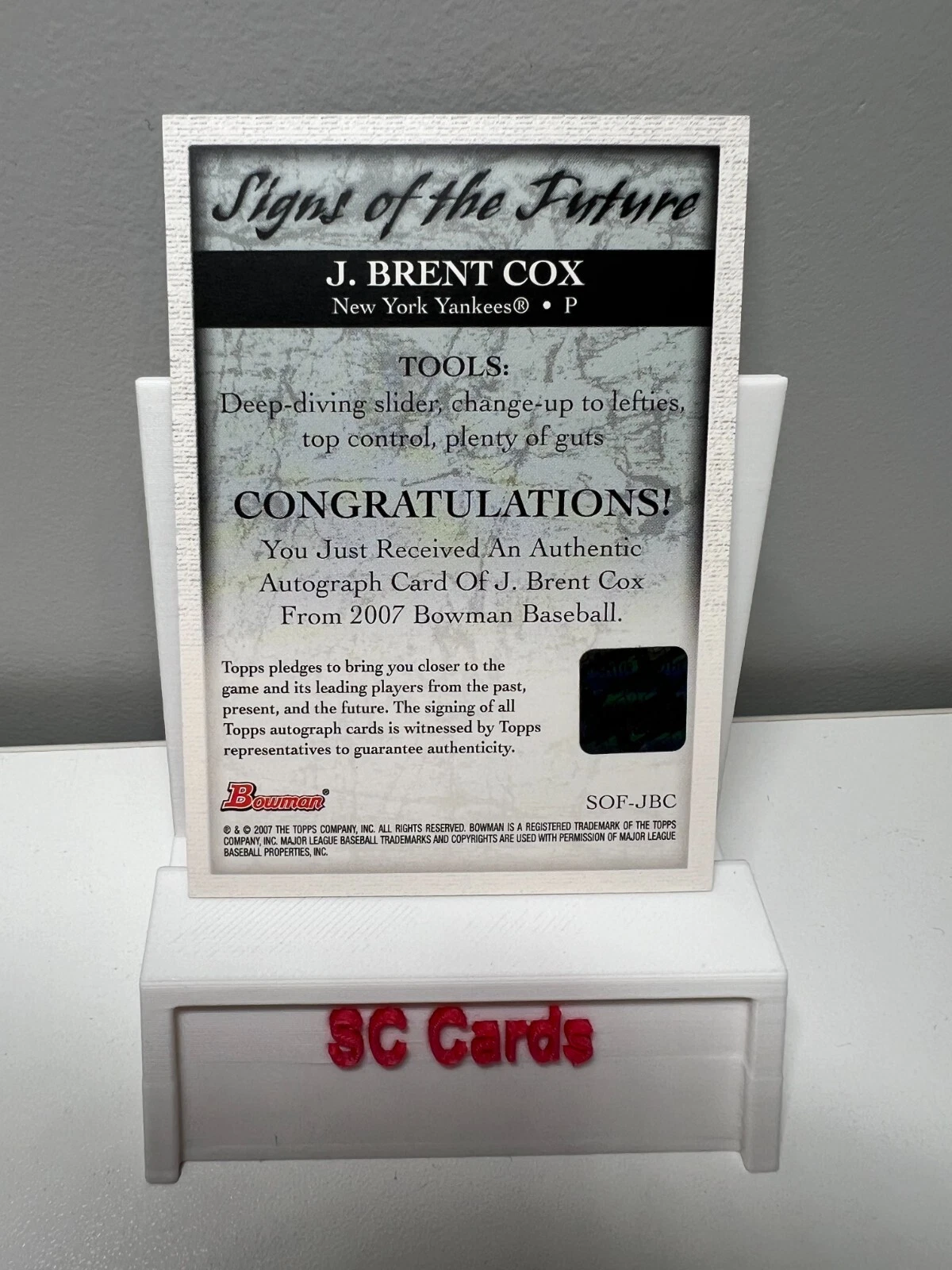 J. Brent Cox 2007 Bowman Signs of the Future Auto #SOF-JBC Yankees