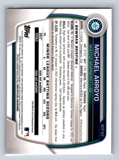 Michael Arroyo 2023 Bowman Chrome Prospects Lava Refractor /399 #BCP-63 Mariners