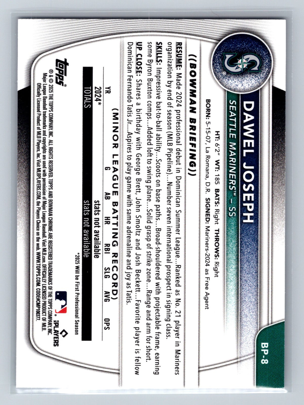 Dawel Joseph 2025 Bowman Paper Prospects Purple Pattern /199 #BP-8 Mariners