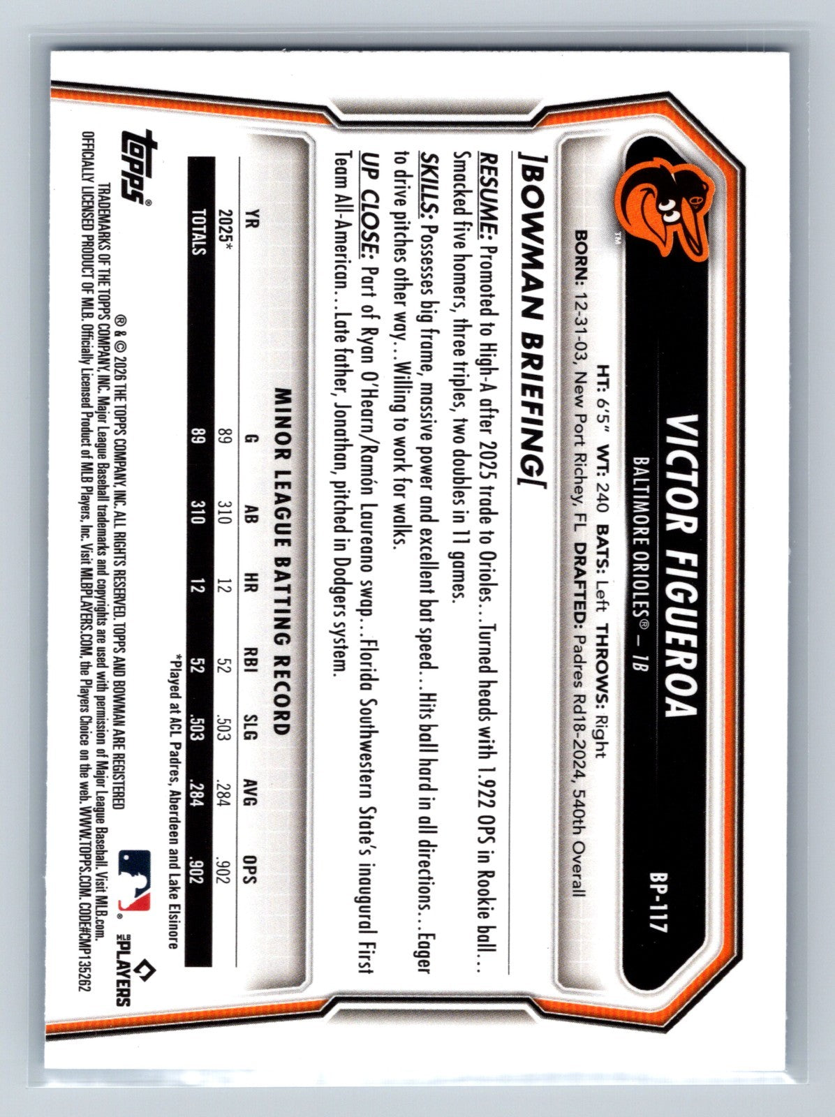 Victor Figueroa 2026 Bowman 1st Paper Sky Blue /499 #BP-117 Orioles