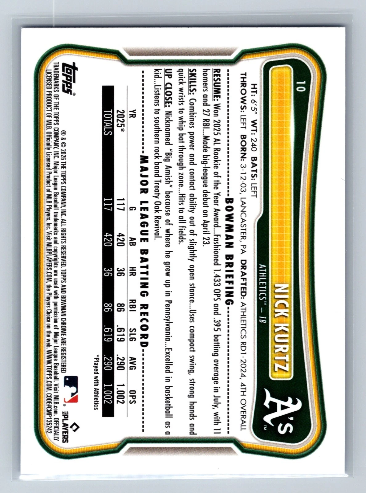 Nick Kurtz 2026 Bowman Prospects Paper Blue /150 #10 Athletics