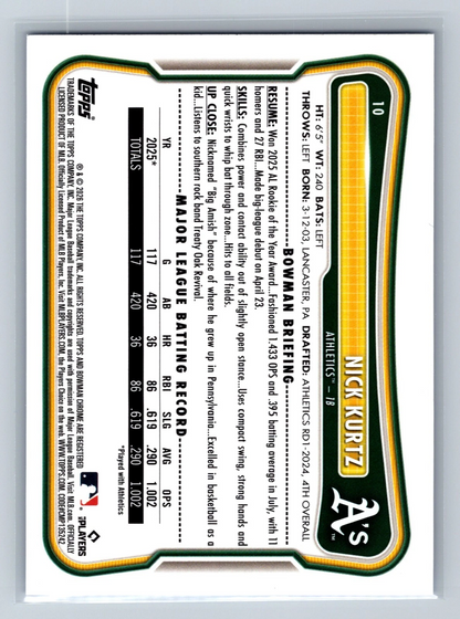 Nick Kurtz 2026 Bowman Prospects Paper Blue /150 #10 Athletics