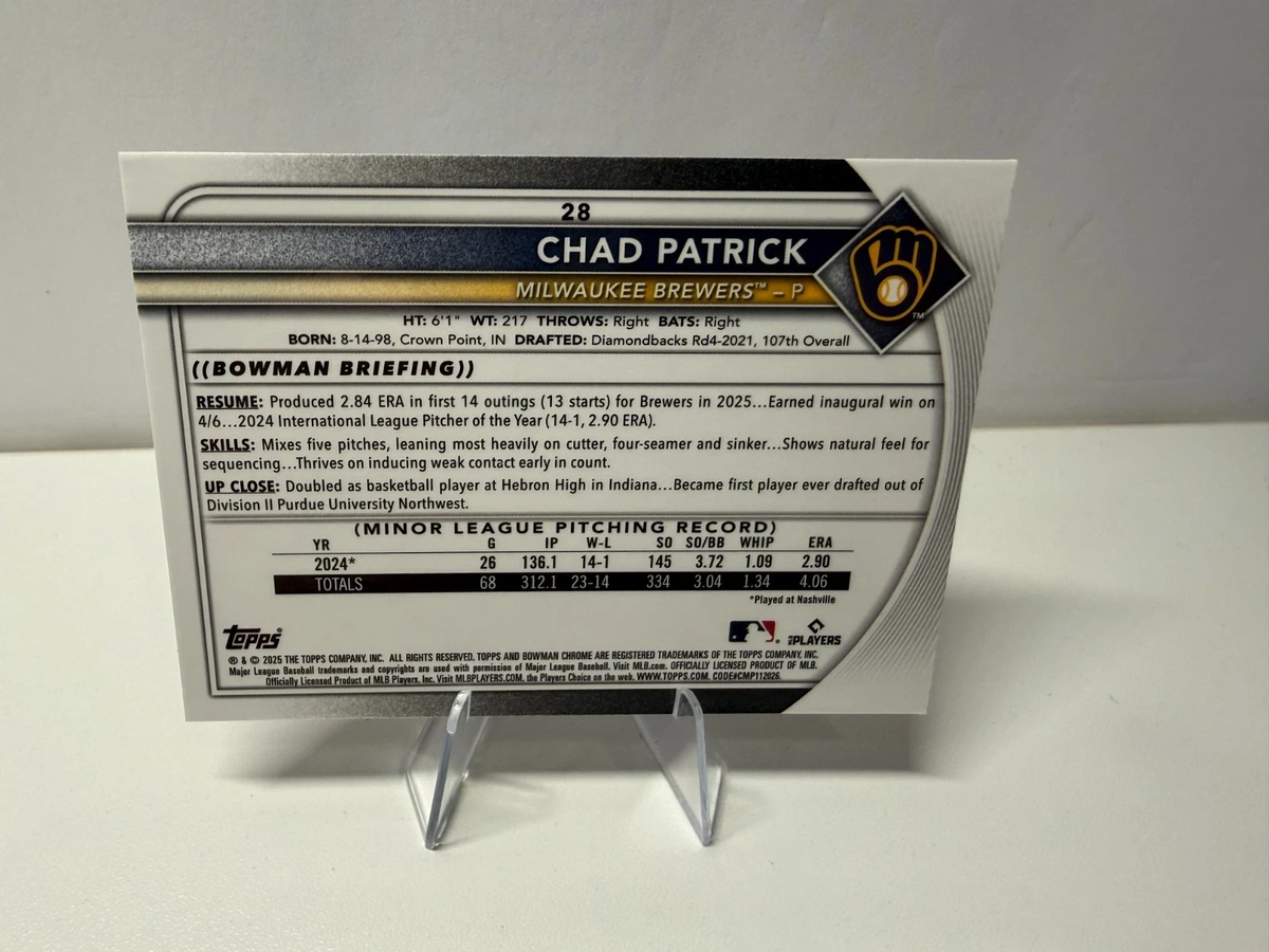 Chad Patrick 2025 Bowman Chrome Fuchsia Refractor RC /299 #28 Brewers