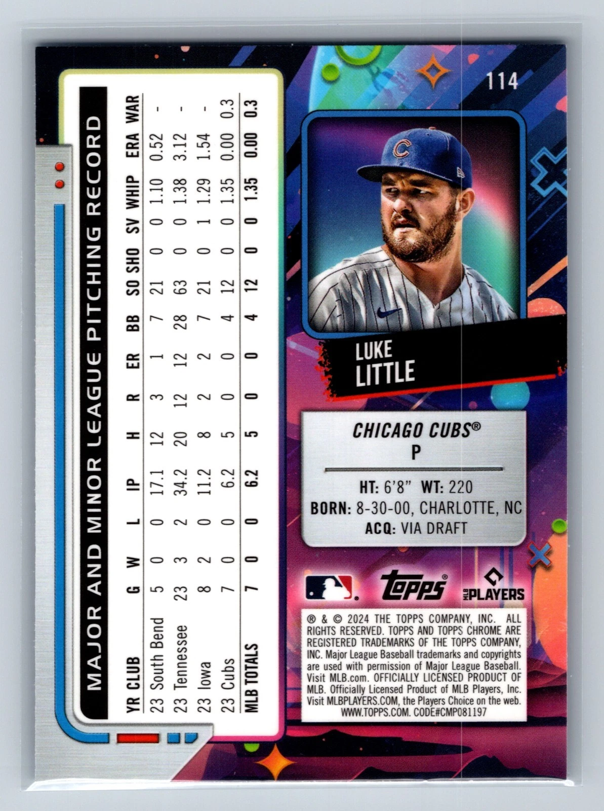 Luke Little 2024 Topps Cosmic Chrome Blue Moon Refractor RC /99 #114 Cubs